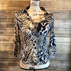 Cache button up blouse with roll tab sleeves